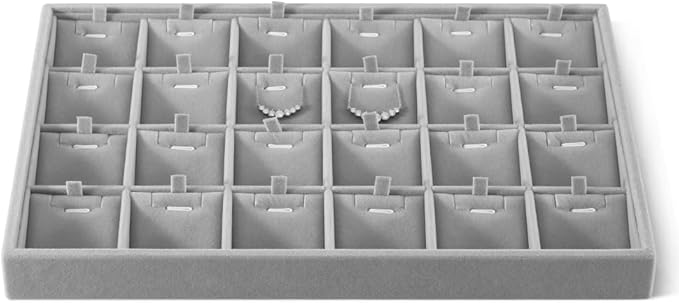 Velvet Necklace Display Tray, Stackable 24 Grid Insert Pendant Necklaces Storage Holder Plate, Jewelry Retail Countertop Organizer (Gray)