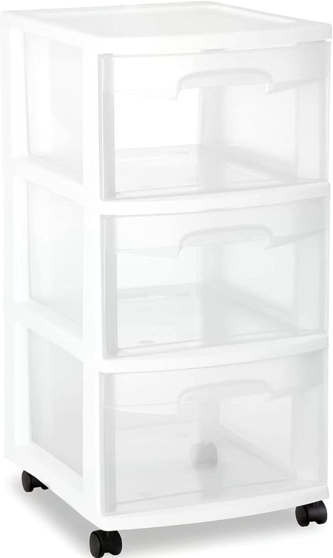 3 Drawer Rolling Plastic Storage Cart with Large Durable Clear Drawers and Removable Wheels, Suitable for Bedroom, Dormitory, Closet, Kitchen and Office (WHITE)