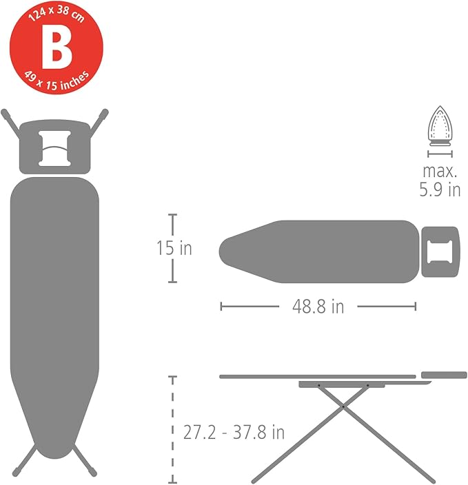 Brabantia - Ironing Board B – Solid Steam Iron Rest – Adjustable Height – Non-Slip Rubber Feet – 100% Fairtrade Cotton Cover with Foam Padding – Foldable – New Dawn – Size B (49 x 15 in)