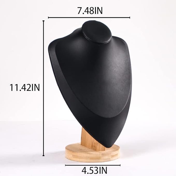 Coward 3D PU Leather Necklace Display Bamboo Chain Jewelry Model Bust Stand (black pu, 11.4")