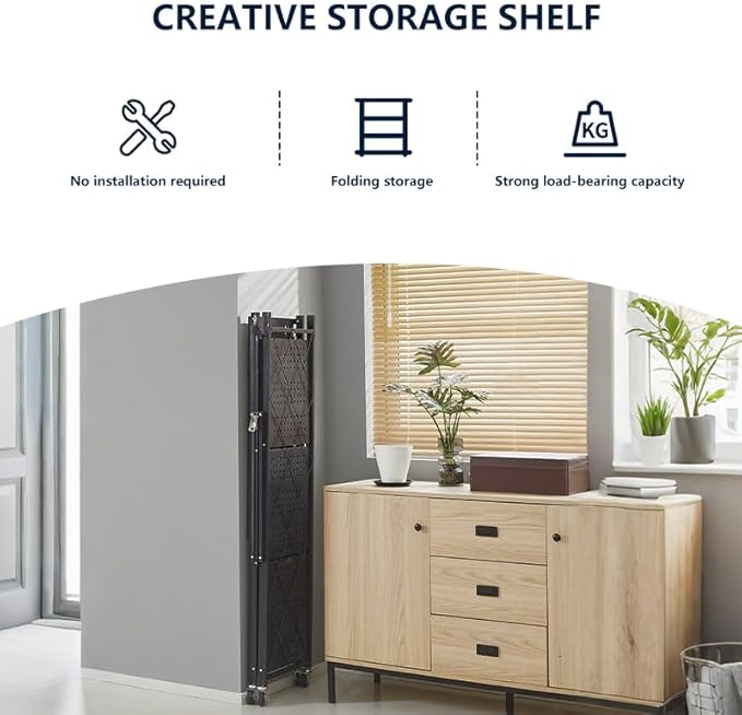 Four-Layer Foldable Storage Metal Shelf with Locking Wheels,Easy Assembly and Move Space-Saving Shelves Organizer Suitable for Kitchen, Pantry and Closet-28.54" L x 14.17" W x 46.06" H