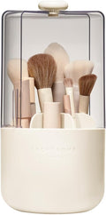 EACHY Makeup Brush Holder 360° Rotating with Dustproof Lid, Waterproof Material, 7 Compartments for Organized Storage, Stylish and Durable Design for Vanity (Beige)