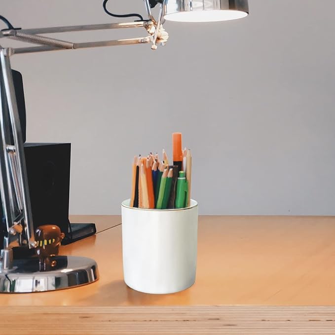HANKOR Ceramic Pencil Holder for Desk - Cute Gold Trim Pen Aesthetic Makeup Brush Cup Holder Organizer for Desktop Storage Stationery Office Home Supplies, White