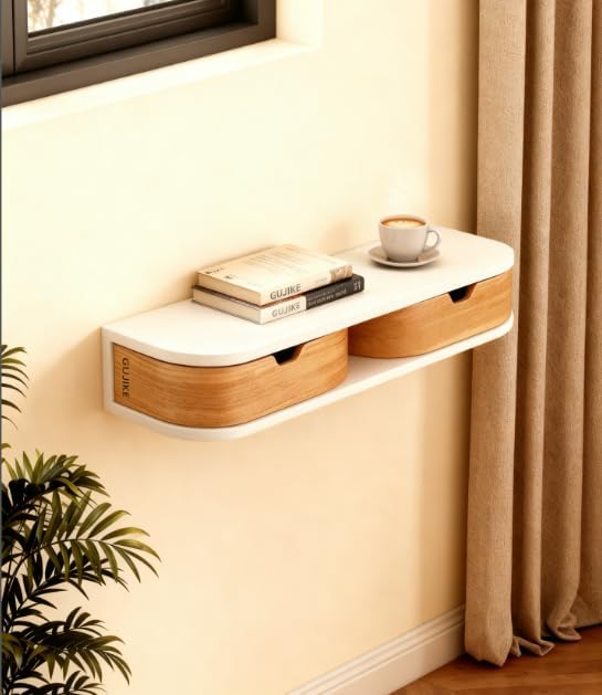 Floating Nightstand, 21 Inch Wall Mounted Bedside Shelf, Handmade Bedroom Furniture,Pine Wood Bedside Table, Nightstand with Drawer (White, Double Drawers)