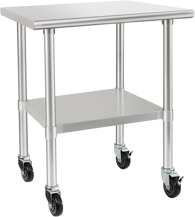 HARDURA Stainless Steel Table with Wheels 24 x 36 Inches Casters NSF Heavy Duty Commercial Work & Prep Table with Undershelf and Galvanized Legs for Restaurant Kitchen Bar and Hotel Garage