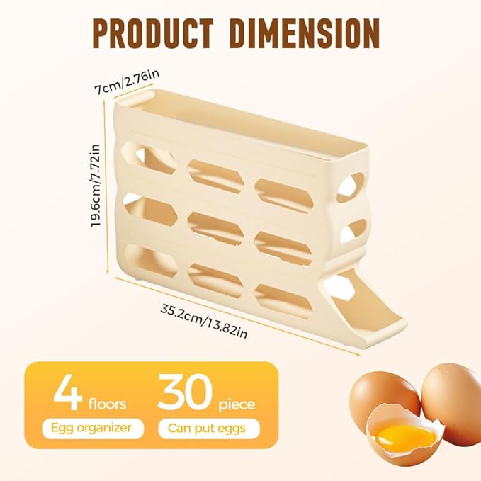 4-Tier Refrigerator Egg Holder, Automatic Gravity-Fed Rolling Egg Dispenser with Easy-Load Design, Space-Saving Fridge Organizer for Up to 30 Eggs, Kitchen & Pantry Storage Container (White) (white)
