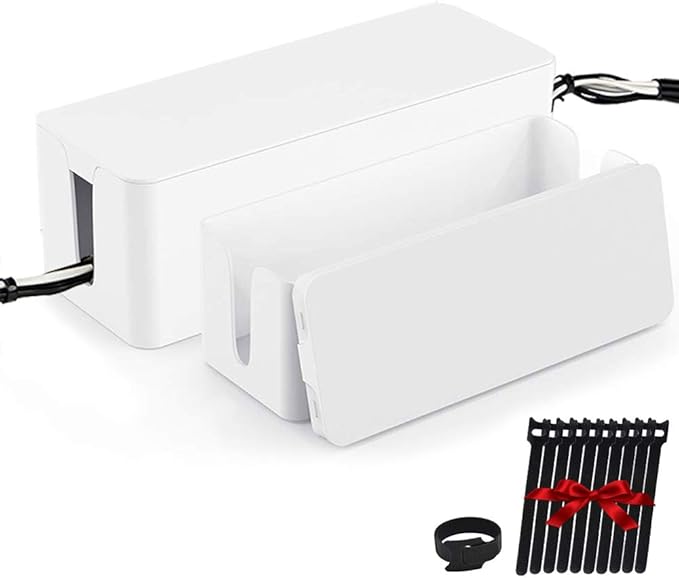 Cable Management Box Organizer, Pack of 2 Wire Concealer to Cover Hide Surge Protector & Power Strip on Desk Floor, with 5 Cord Fastening Tapes for Office, Home, Kitchen (Ice White)