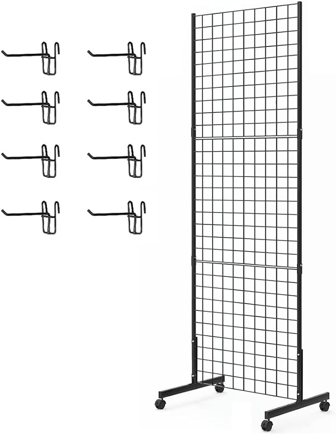 Eastern Tree 1 Pack 2'x 5' Three Pieces Gridwall Panels Stand with T-Base, Black Wire Grid Wall Rack with Wheels, Craft Display Rack, Retail Display Stand, Extra More 8 Pieces Hooks