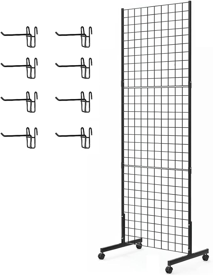 Eastern Tree 2 Packs 2'x 5' Six Pieces Gridwall Panels Stand with T-Base, Black Wire Grid Wall Display Racks with Wheels, Craft Show Display Rack, Retail Display, Extra More 16 Pieces Hooks