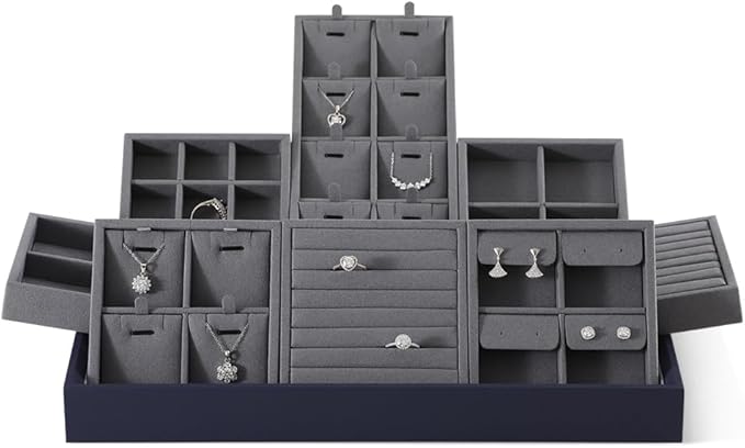 Dark Blue Jewelry Display Tray Ring Necklace Earring Bangle Organizer Multifunctional Storage Case for Jewelry Showcase (Small Ring Tray(8 bars))