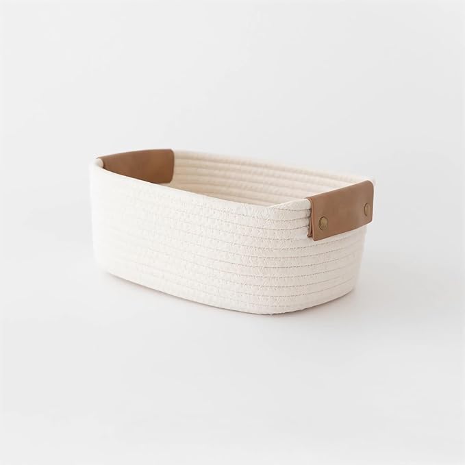 Small Cotton Woven Basket with PU Leather Handle, Baby Kids Clothes Toys Candy Gifts Cotton Rope Organizer, for Living Room Bathroom Shower Storage Laundry, Dog Cat Bed, Cute Decor, White