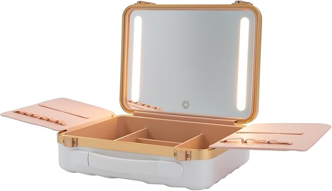 Portable Makeup Box, 11.42 * 3.54 * 8.66 In Travel Makeup Train Cases Cosmetic Organizer Portable Make Up Storage Box with Led Mirror for Makeup Artists Hair Stylists Nail Technicians (White)
