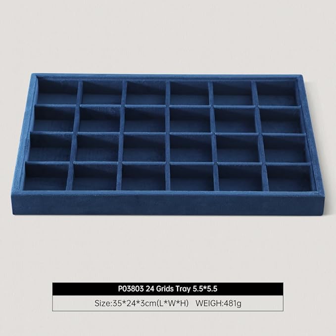 Velvet Stackable Jewelry Display Tray, 24 Grid Earring Ring Storage Tray, Drawer Divider Jewelry Accessories Organizer Plate (Blue)