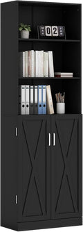 Loomie Industrial Bookshelf with Door, 6 Tier Farmhouse Book Shelf with Adjustable Shelves,70" Tall Display Etagere Bookcase,Floor Standing Unit Book Case Furniture for Home Office,Living Room (Black)