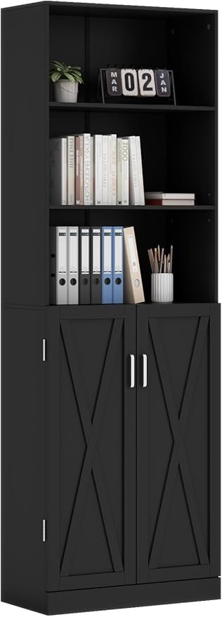 Loomie Industrial Bookshelf with Door, 6 Tier Farmhouse Book Shelf with Adjustable Shelves,70" Tall Display Etagere Bookcase,Floor Standing Unit Book Case Furniture for Home Office,Living Room (Black)