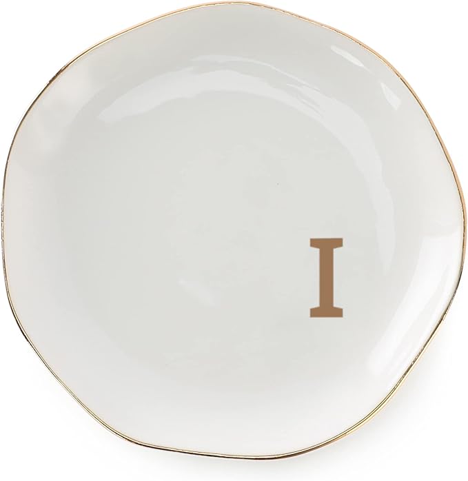 Initials Ring Dish Jewery Tray with Personalized I-Monogrammed Gifts Wedding Engagement for Women Friends sister,Ceramic White