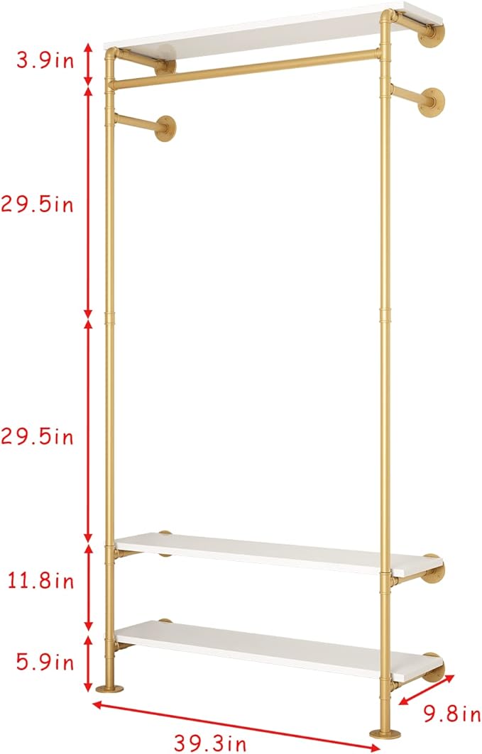 Gold Wall Clothing Racks with White Shelves, Wall Mounted Gold Clothes Rack for Hanging Rods，Heavy Duty Industrial Pipe Clothing Racks With Shelves Retail Display Garment Rack for Home