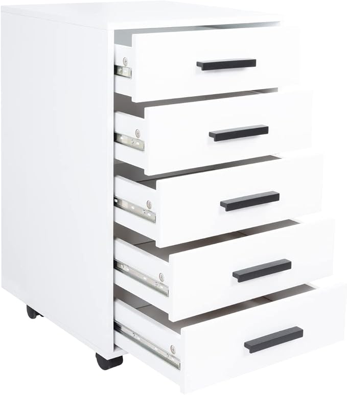 5-Drawer Rolling Under Desk Storage Cart - Mobile Organizer with Lockable Casters, White Engineered Wood Scratch-Resistant for Home Office Dorm Studio, 15.7 x 15.7 x 26 Inches
