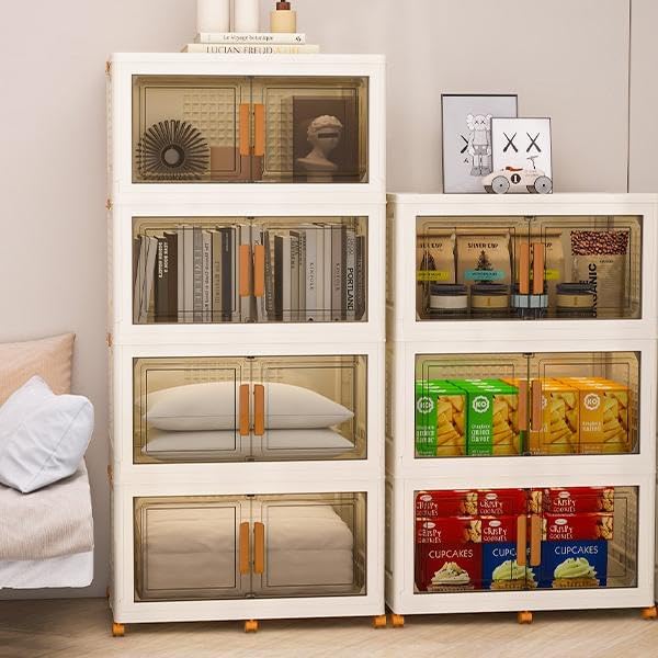 Plastic Stackable Storage Bins with Lids and Wheels, Foldable Closet Organizers and Storage Containers, Collapsible Clear Drawer Storage Cabinet with Doors Ivory White 720 QT