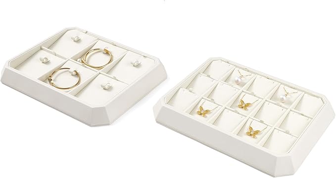 Premium PU Leather Stackable Jewelry Ring Display Tray Ring Earring Display Holder Organizer Showcase(Beige)
