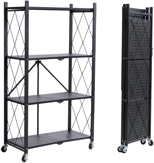 Four-Layer Foldable Storage Metal Shelf with Locking Wheels,Easy Assembly and Move Space-Saving Shelves Organizer Suitable for Kitchen, Pantry and Closet-28.54" L x 14.17" W x 46.06" H