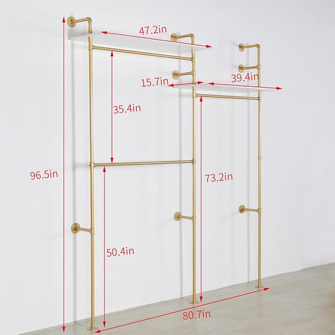 Industrial Pipe Clothing Rack Wall Mounted, Heavy Duty Hanging Clothes Rack Clothing Store Display Stands Garment Rack Closet System, 2 Tier Wood Garment Rack (Gold, 96.5x80.7inch)