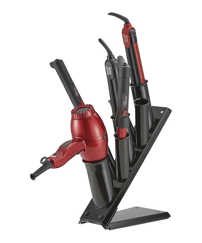 Pibbs 1508 Big Ben Table Mount Appliance Holder – Black Metal, Stainless Steel, 7-Barrel Styling Tool Organizer for 6 Curling Irons & 1 Blow Dryer, Durable Heat-Resistant Salon Station Mount