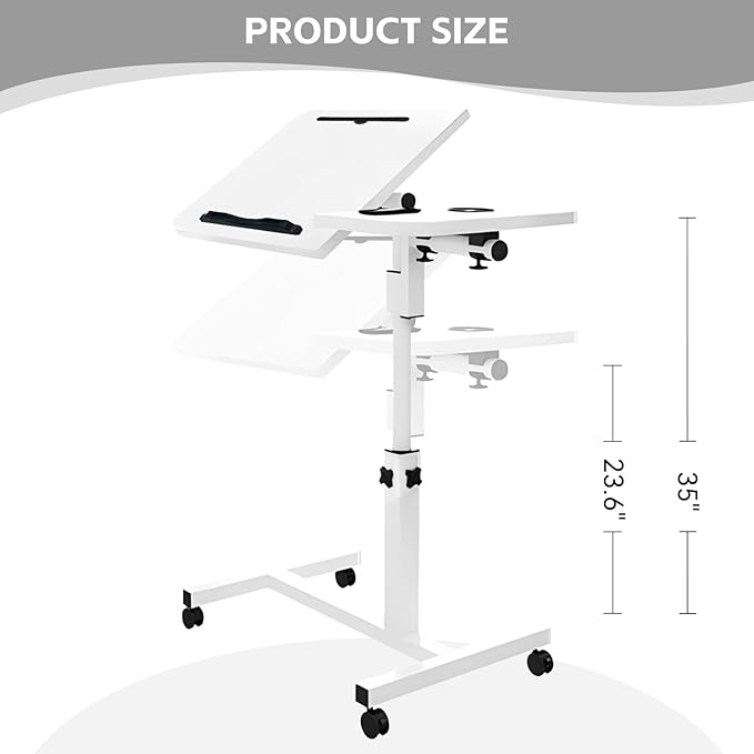 Overbed Table with Wheels Adjustable Height, Tiltable Desktop with Tray, Over Bed Table Rolling Bedside Tables, Medical Mobile Standing Desk, for Hospital Office Bedroom Sofa, White