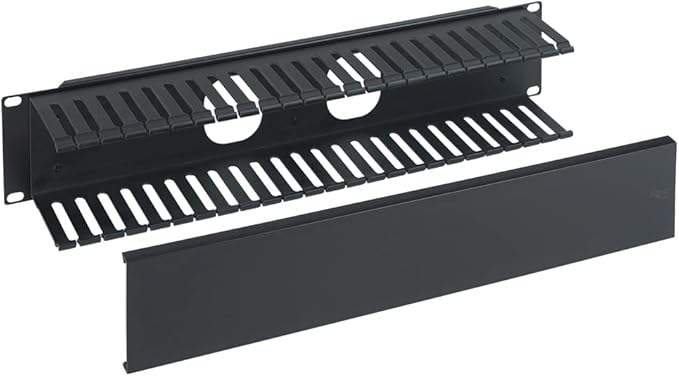 ICC 2U Finger Duct Cable Manager Panel with Cover, Plastic with Metal Back Frame, 3" Depth, Horizontal Cable Management, Rackmount for 19” Network Racks, Black, Single Pack