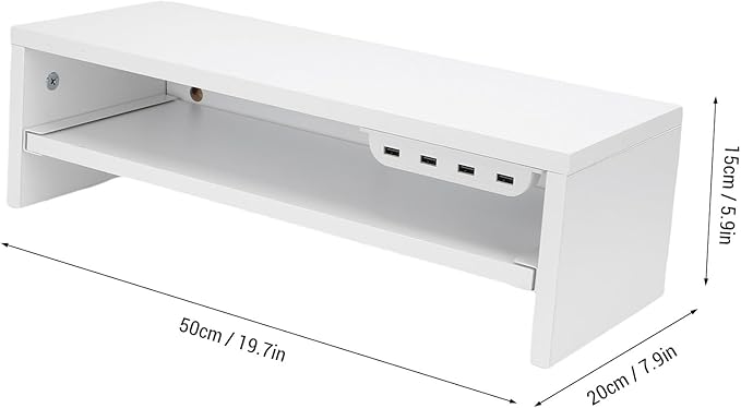 BAFOVY Desktop Monitor Stand Riser with USB Hub and Drawer, 20-Inch Wooden Desk Organizer for Laptop and Computer Screens, 15cm Height Adjustable Solution (Milk White)