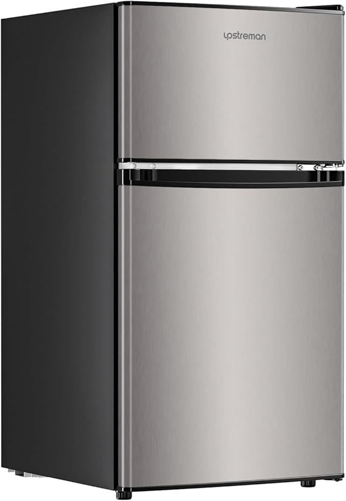 Upstreman 3.2 Cu.Ft Mini Fridge with Freezer, Double Door Mini Fridge, Adjustable Thermostat, Mini Refrigerator for Dorm, Office, Bedroom, Stainless-SD321