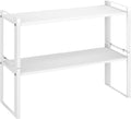2 Pack Expandable Cabinet Organizer Shelves, 88lbs High Weight Capacity, Stackable Heavy-Duty Metal Storage Rack, Adjustable Cabinet Shelf for Kitchen, Pantry, Cupboard, Under Sink, White