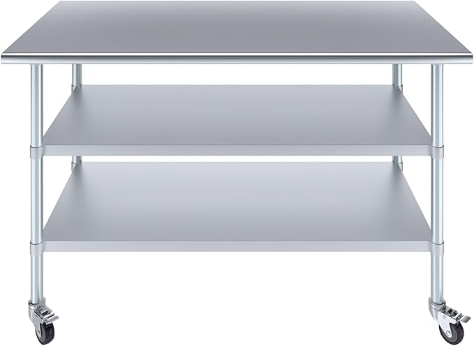AmGood Stainless Steel Work Table with 2 Shelves and Casters | Metal Utility Table On Wheels (Stainless Steel Work Table with 2 Shelves + Casters, 60" Long x 30" Deep)