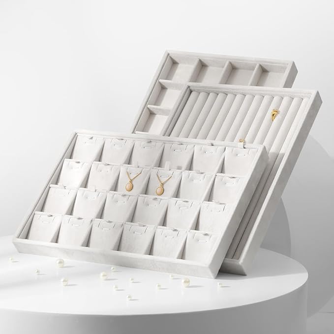 Velvet Necklace Display Tray, Stackable 24 Grid Insert Pendant Necklaces Storage Holder Plate, Jewelry Retail Countertop Organizer (White)