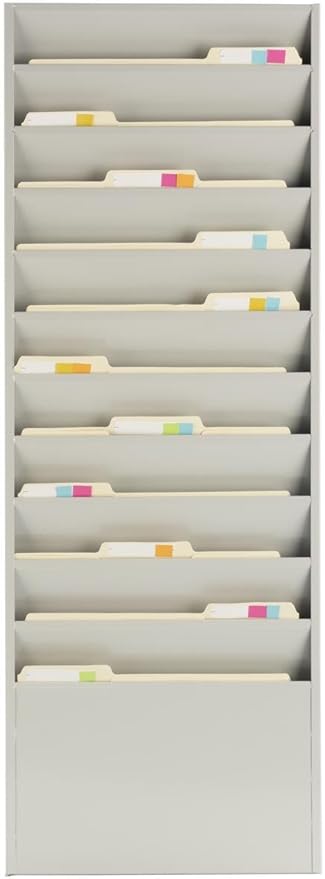 Displays2go Office File Folder Wall Rack, 11 Tiered Pockets, Medical Chart Folders (Putty/Powder Coated Steel)