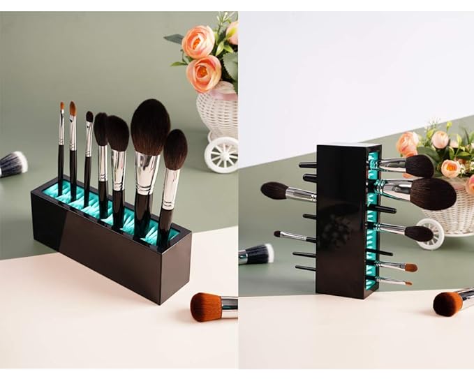 Makeup Brushes Holder Organizer, Silicone Vanity Air Drying Rack Display Storage for Brush, Eyeliners and More, Practical Cosmetic Tools Container (Blue-Black)
