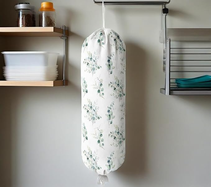 Plastic Bag Holder Wall Mount Grocery Bag Holder for Plastic Bags Organizer for Kitchen,Cute Cat Home Kitchen Decor Gifts for Women(Eucalyptus Leaves)