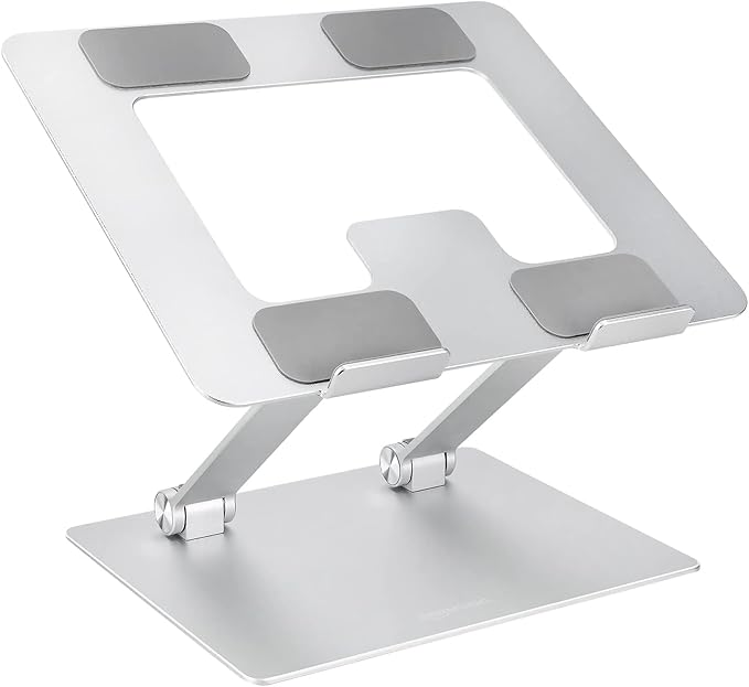 Amazon Basics Sturdy and Portable Ergonomic Laptop Stand for Desk, Adjustable Riser, Fits all Laptops and Notebooks up to 17.3 Inch, Silver, 10 x 8.7 x 6 in