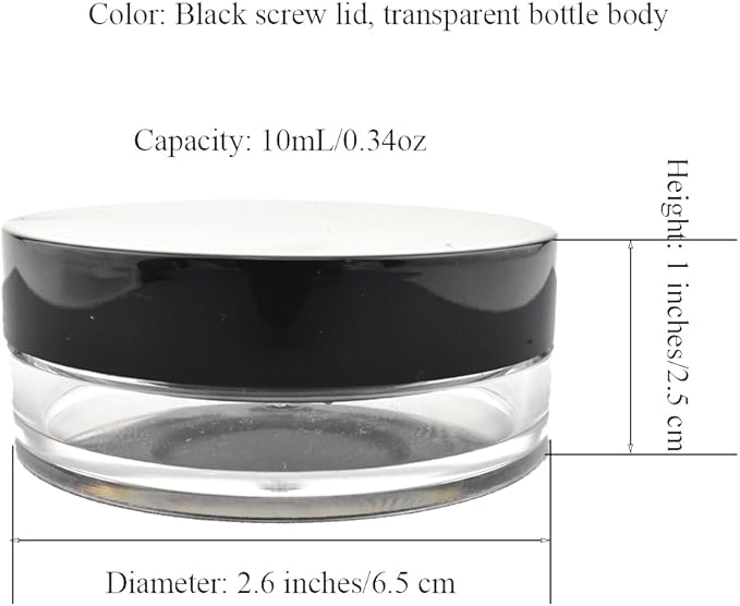 HAHIYO Empty Travel Compact Case Makeup Cosmetic Jar Refillable Powder Box No Leak Holder with Elastic Mesh Sifter and Black Lid, 2Pcs 10ml/0.34oz