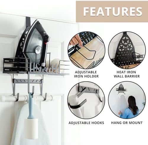 Farmhouse Ironing Board Hanger Wall Mount or Over the Door - Universal Laundry Room Ironing Board Holder Caddy with Iron Holder Shelf-Adjustable Hooks to Hold Ironing Boards Large & Small - Black