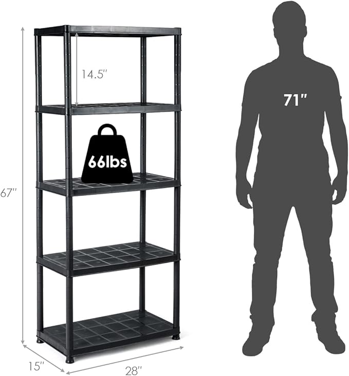 IRONMAX 5-Tier Plastic Storage Shelves, Multi-Purpose Display Shelf Rack, Light Duty Storage Shelving Unit for Laundry Pantry Closet, Black (1, 28“L X 15”W X 67“H)