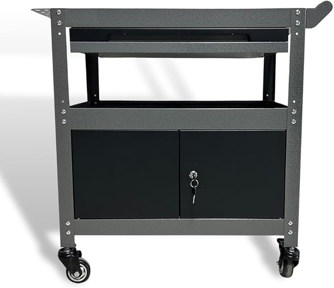 3 Tier Steel Rolling Cart for Tool Organizer, Industrial Grade Utility Service Carts with Drawer & Storage Lockable Cabinet, for Workshop Repair Shop Garage