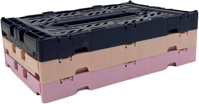 Collapsible Storage Box, Foldable Crate Organizer Bin with Handle, Stackable Crates for Home Organization (Navy-Lilac-Pink, 4L - 3-Pack)