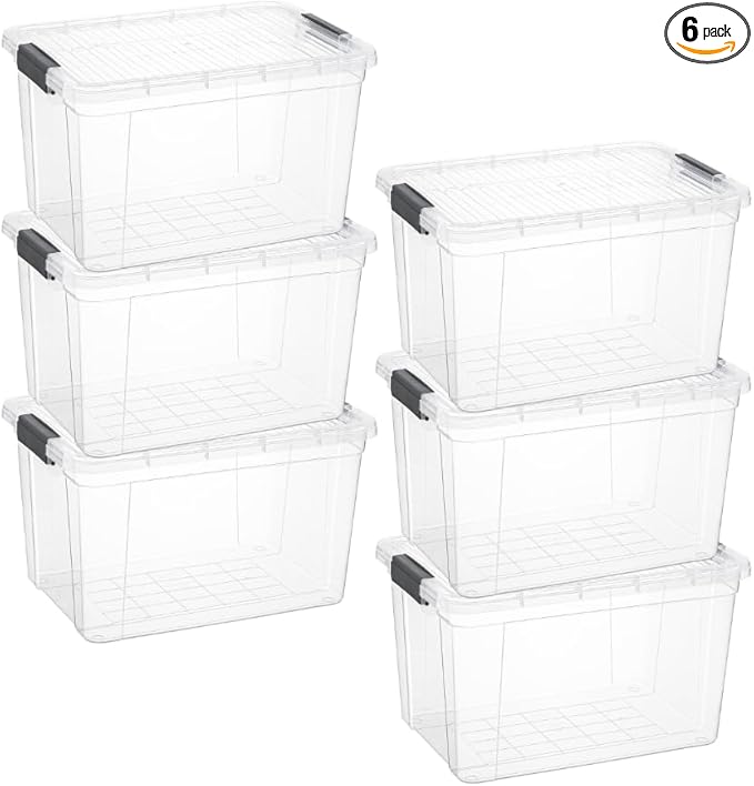 Superio Clear Storage Boxes with Lids, 14.25 Quart Plastic Container Bins for Organizing, Stackable Crates, BPA Free, Non Toxic, Odor Free, Organizers for Home, Office and Dorm, 6 Pack