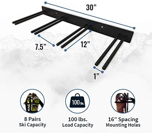 StoreYourBoard Ski Rack Wall Mount – Heavy-Duty Steel Ski Wall Mount Holds Up to 16 Pairs of Skis, Space-Saving Ski Rack for Garage, Home, or Cabin – Durable Wall Storage Organizer - Holds Up to 200lb