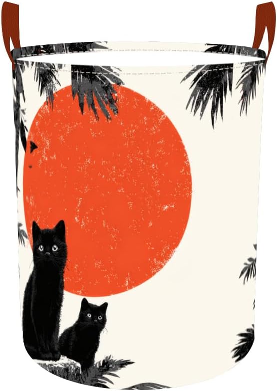 Laundry Baskets 15.7x19.7 Inch Large Black Cat Red Sun Jungle Design Collapsible Laundry Hamper with Handles Oxford Fabric Clothes Storage Bin Foldable Dirty Clothes for Bedroom Bathroom Dorm