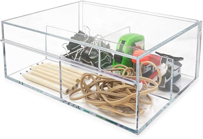 Isaac Jacobs 4-Compartment Clear Acrylic Organizer with Lid (6.7" L x 8.6" W x 3.4" H), Multi-Sectional Tray & Storage Solution for Makeup, School & Office Supplies & More, for Bathroom, Kitchen