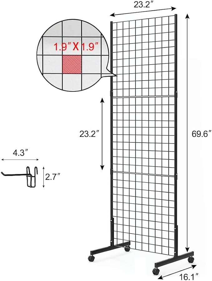 Eastern Tree 1 Pack 2'x 5' Three Pieces Gridwall Panels Stand with T-Base, Black Wire Grid Wall Rack with Wheels, Craft Display Rack, Retail Display Stand, Extra More 8 Pieces Hooks