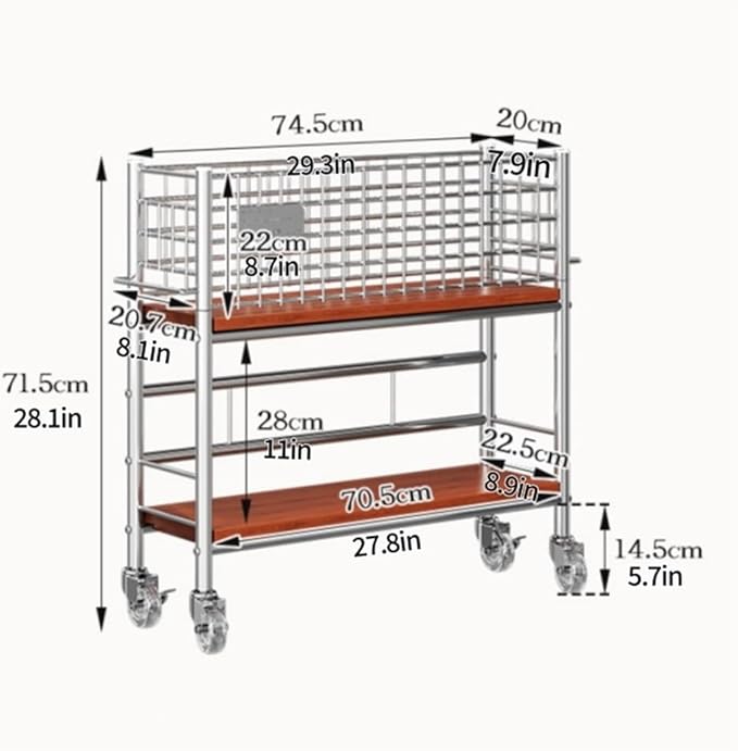 Slim Storage Cart with Wheels, 2 Tier Rolling Cart with Solid Wood Open Shelf, Space-Saving Snack Cart, Utility Cart for Kitchen, Bathroom, Living Room