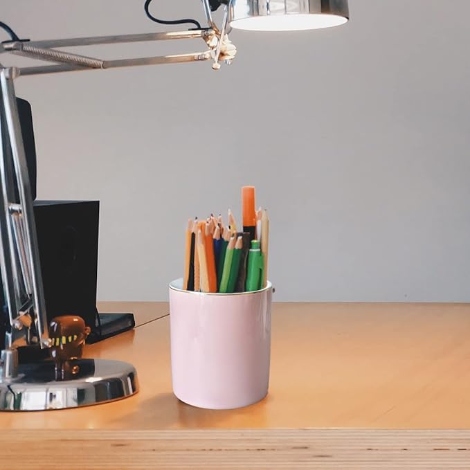 HANKOR Ceramic Pencil Holder for Desk - Cute Gold Trim Pen Aesthetic Makeup Brush Cup Holder Organizer for Desktop Storage Stationery Office Home Supplies, Pink
